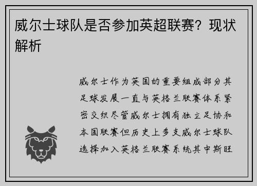威尔士球队是否参加英超联赛？现状解析