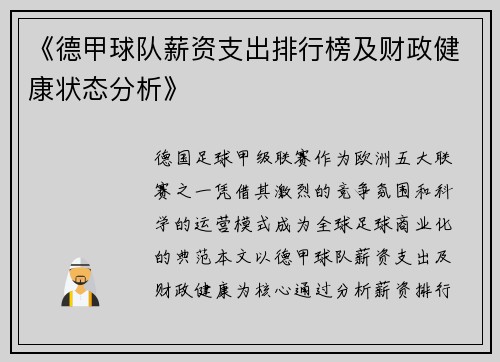 《德甲球队薪资支出排行榜及财政健康状态分析》